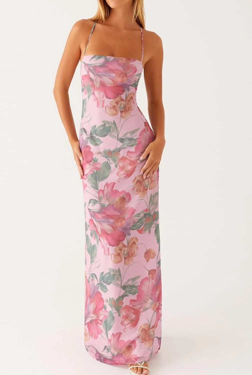 Women Flower Print Maxi Dress Spaghetti Strap Floral Slip Dress Y2k Backless Slim Fit Long Bodycon Dresses