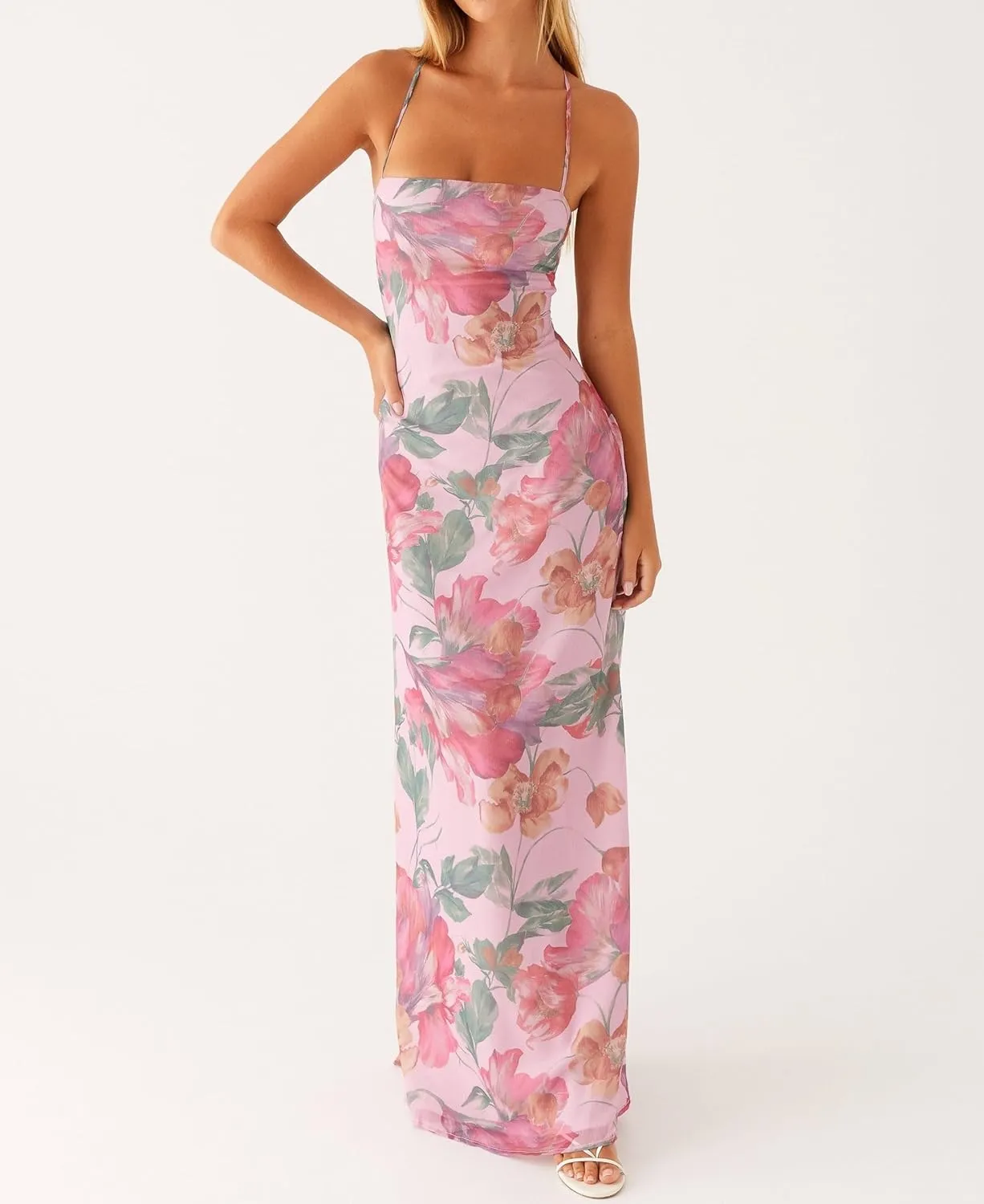 Women Flower Print Maxi Dress Spaghetti Strap Floral Slip Dress Y2k Backless Slim Fit Long Bodycon Dresses