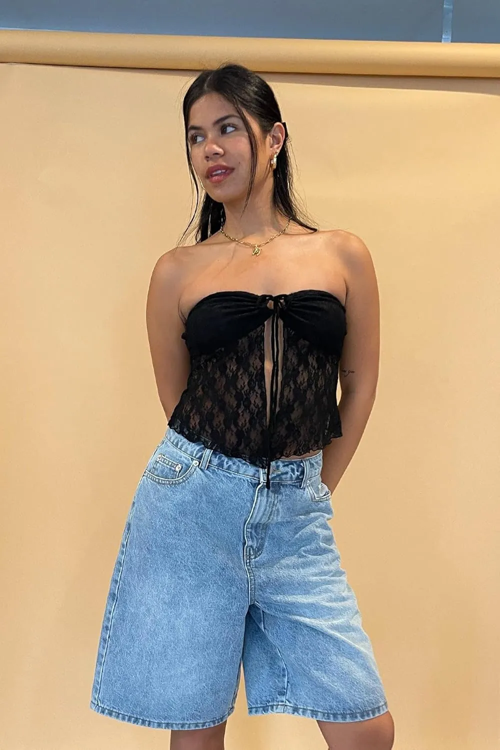Women High Waist Denim Shorts Knee Length Loose Fit Wide Leg Long Jean Shorts with Pockets