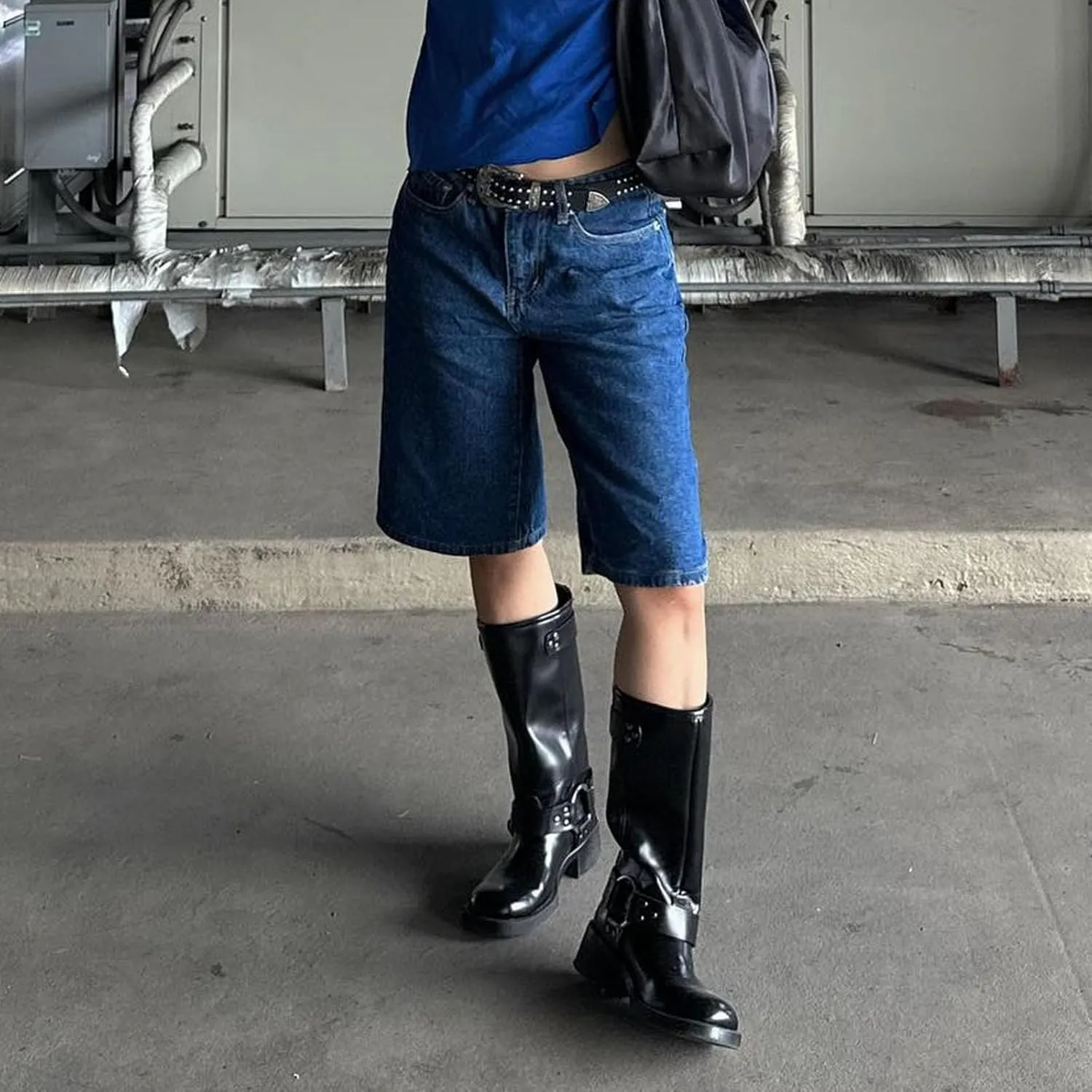 Women High Waist Denim Shorts Knee Length Loose Fit Wide Leg Long Jean Shorts with Pockets