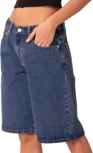 Women High Waist Denim Shorts Knee Length Loose Fit Wide Leg Long Jean Shorts with Pockets