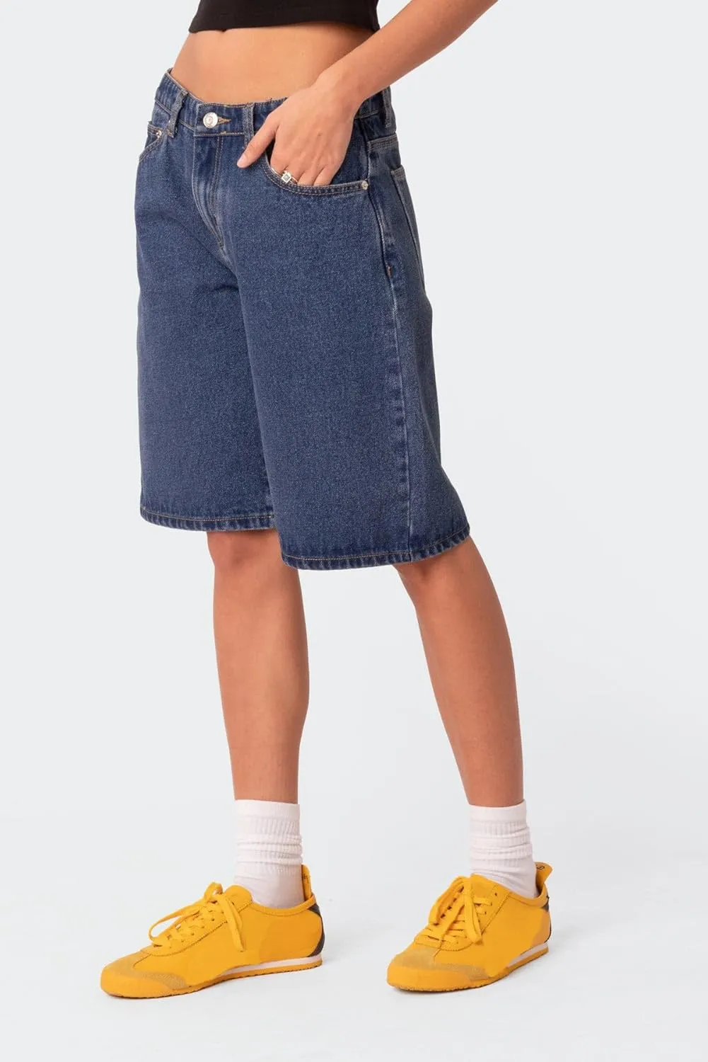 Women High Waist Denim Shorts Knee Length Loose Fit Wide Leg Long Jean Shorts with Pockets