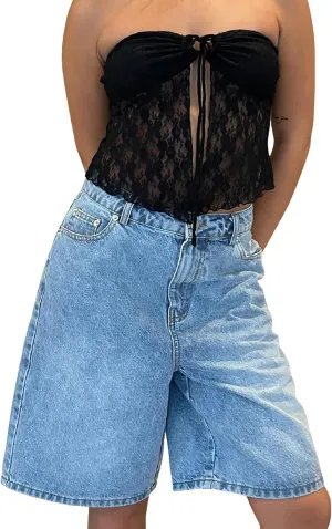 Women High Waist Denim Shorts Knee Length Loose Fit Wide Leg Long Jean Shorts with Pockets