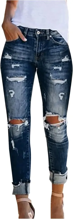 Women Jeans Fit High Waisted Ripped Distressed Stretchy Denim Pants Casual Straight Leg Jeans Long Pants