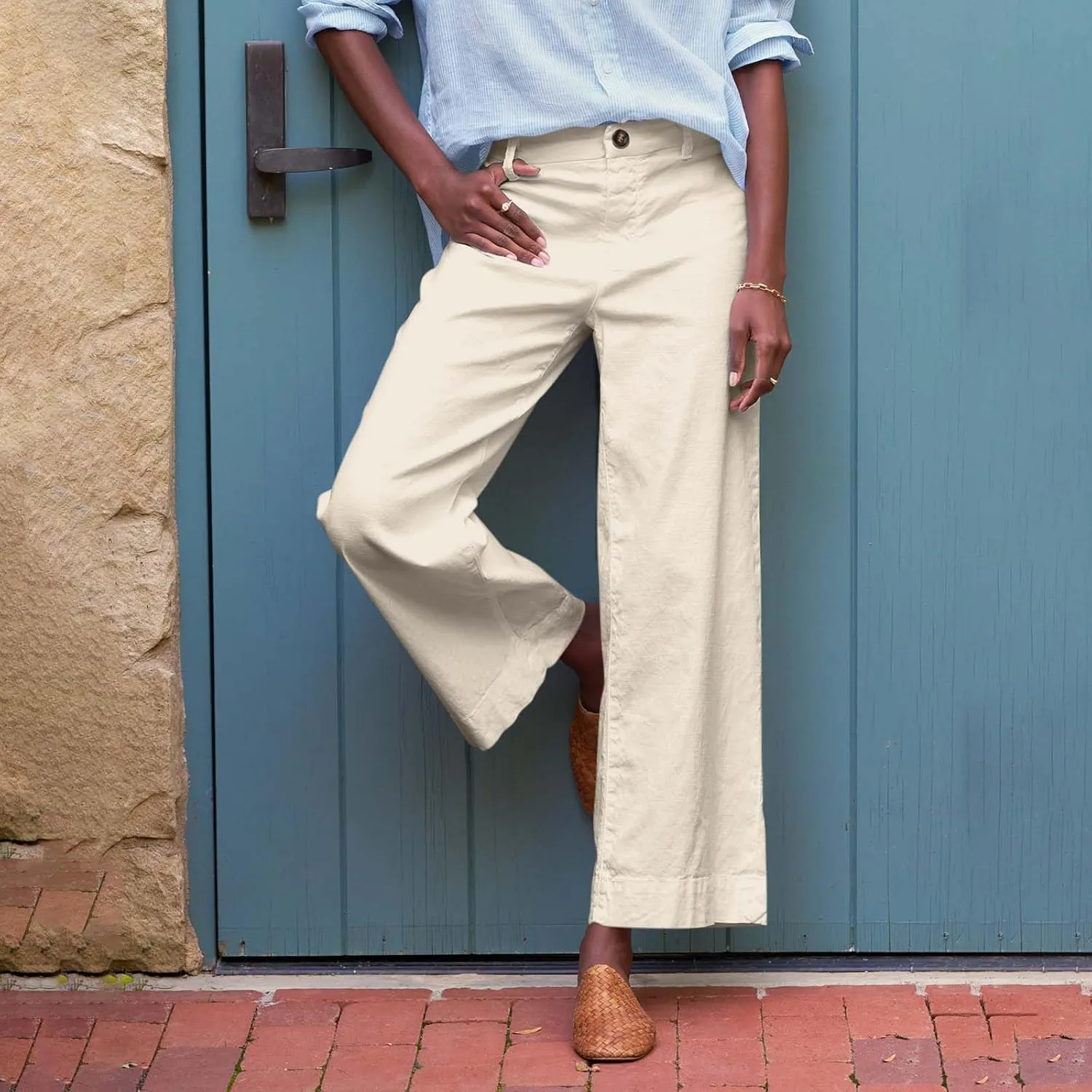 Women Linen Pants Casual Wide Leg Cropped Pants Dressy Pants with Pocket Plus Size Summer Loose Business Ankle Pants
