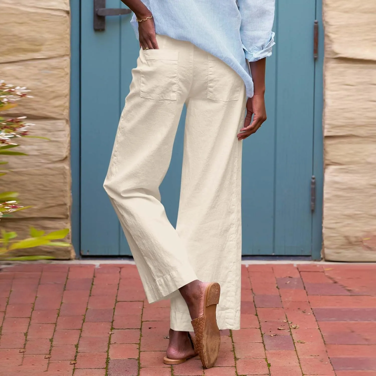 Women Linen Pants Casual Wide Leg Cropped Pants Dressy Pants with Pocket Plus Size Summer Loose Business Ankle Pants