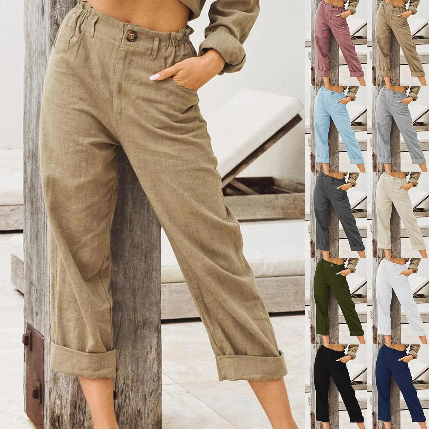 Women Linen Pants Summer Casual Capri Pants with Pockets Elastic Waist Wide Leg Cropped Pants Boho Beach Palazzo Pants