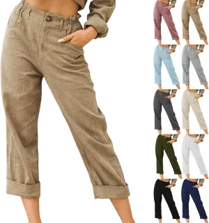 Women Linen Pants Summer Casual Capri Pants with Pockets Elastic Waist Wide Leg Cropped Pants Boho Beach Palazzo Pants