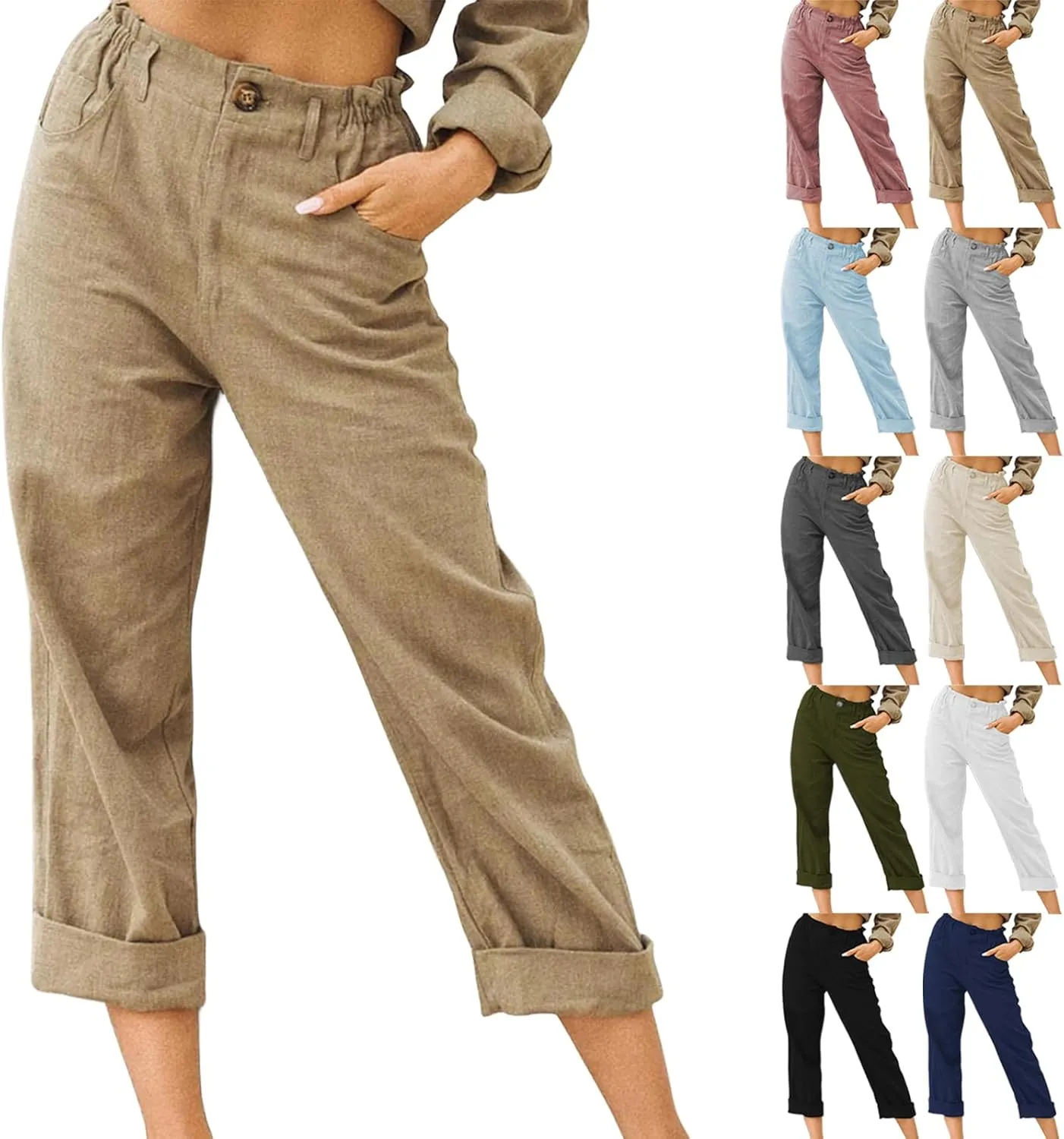 Women Linen Pants Summer Casual Capri Pants with Pockets Elastic Waist Wide Leg Cropped Pants Boho Beach Palazzo Pants