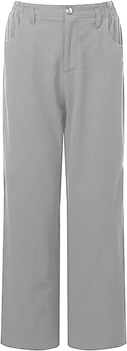 Women Linen Pants Summer Casual Capri Pants with Pockets Elastic Waist Wide Leg Cropped Pants Boho Beach Palazzo Pants