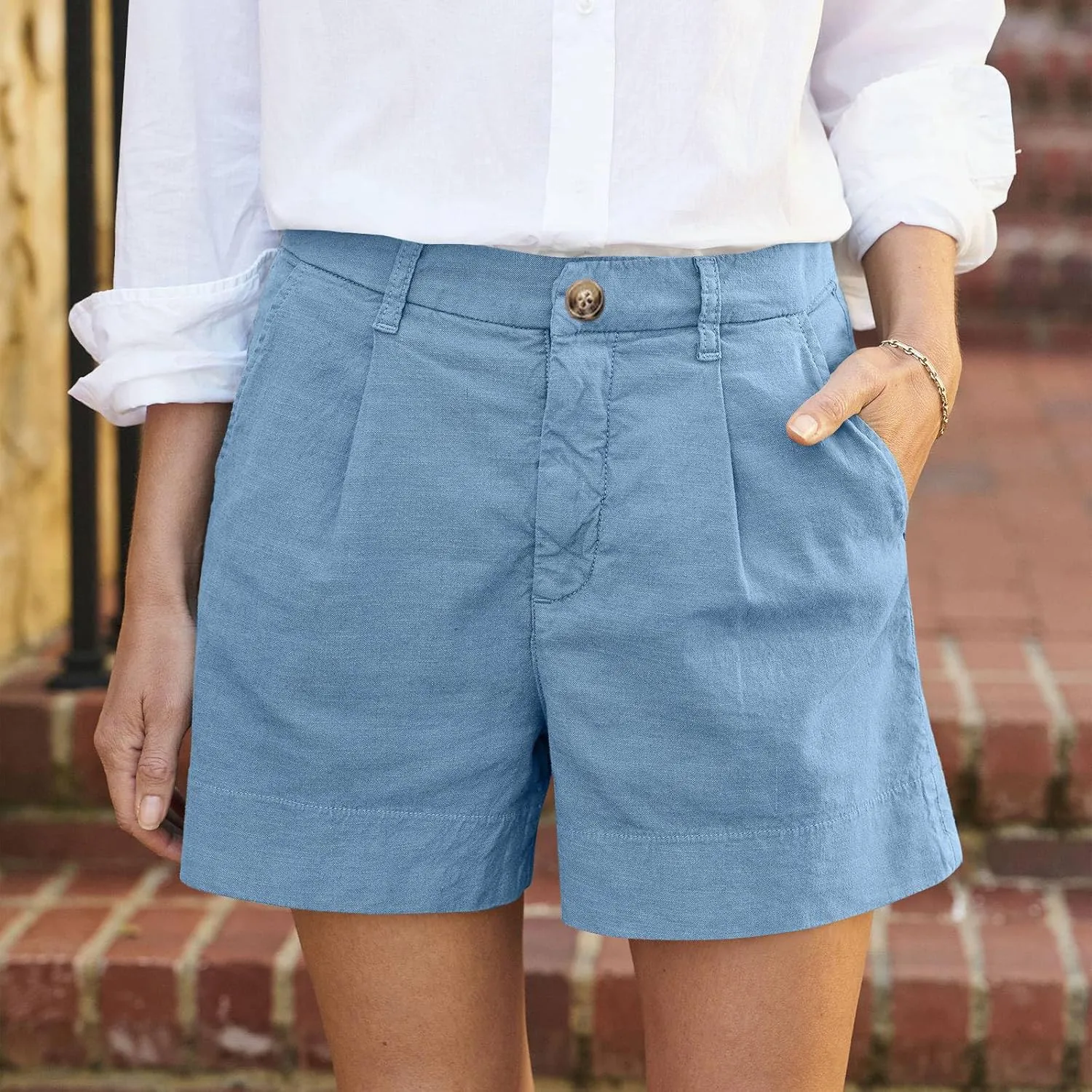 Women Linen Shorts Summer Casual Chino Shorts High Waisted Bermuda Shorts Dressy Wide Leg Shorts with Pockets