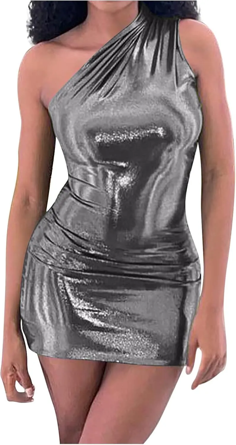 Women Metallic Mini Dress Sexy One Shoulder Sleeveless Backless Bodycon Party Club Short Dresses Shiny Cocktail Dress