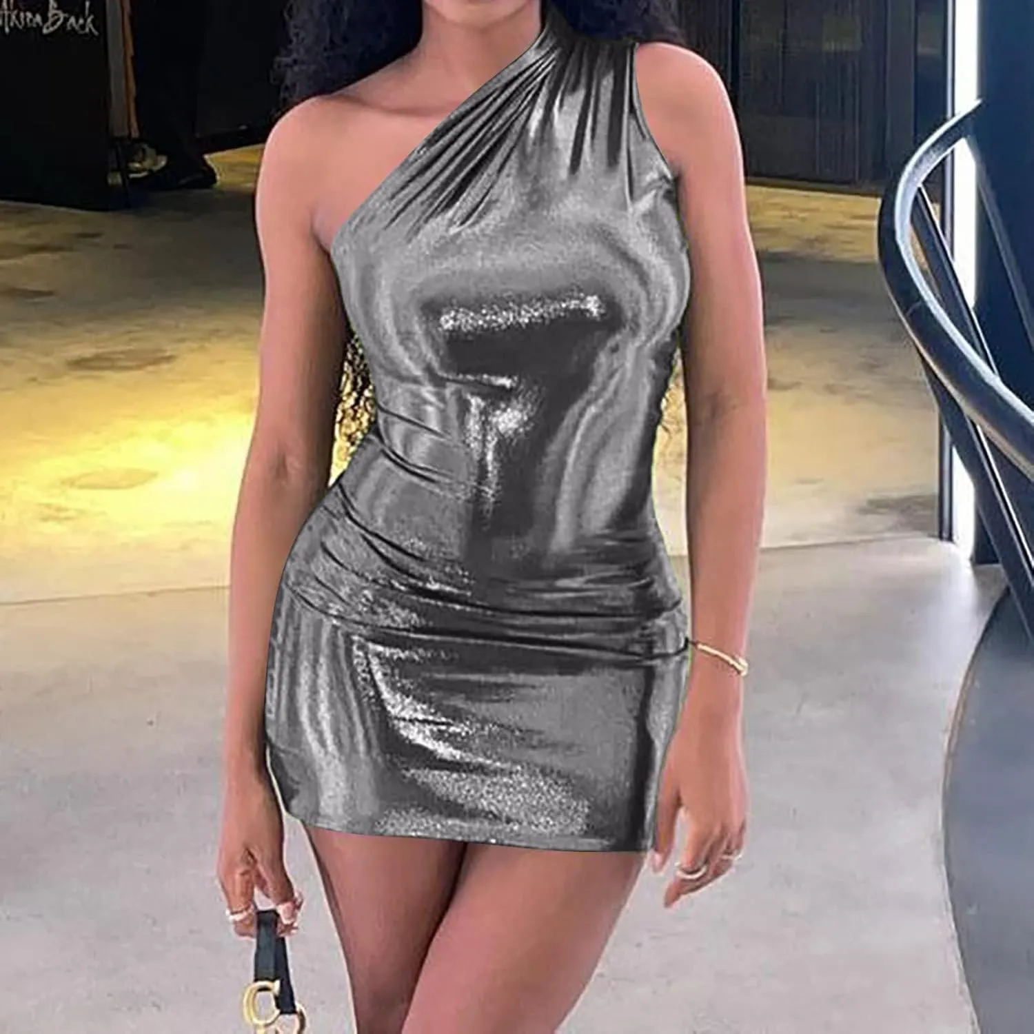 Women Metallic Mini Dress Sexy One Shoulder Sleeveless Backless Bodycon Party Club Short Dresses Shiny Cocktail Dress