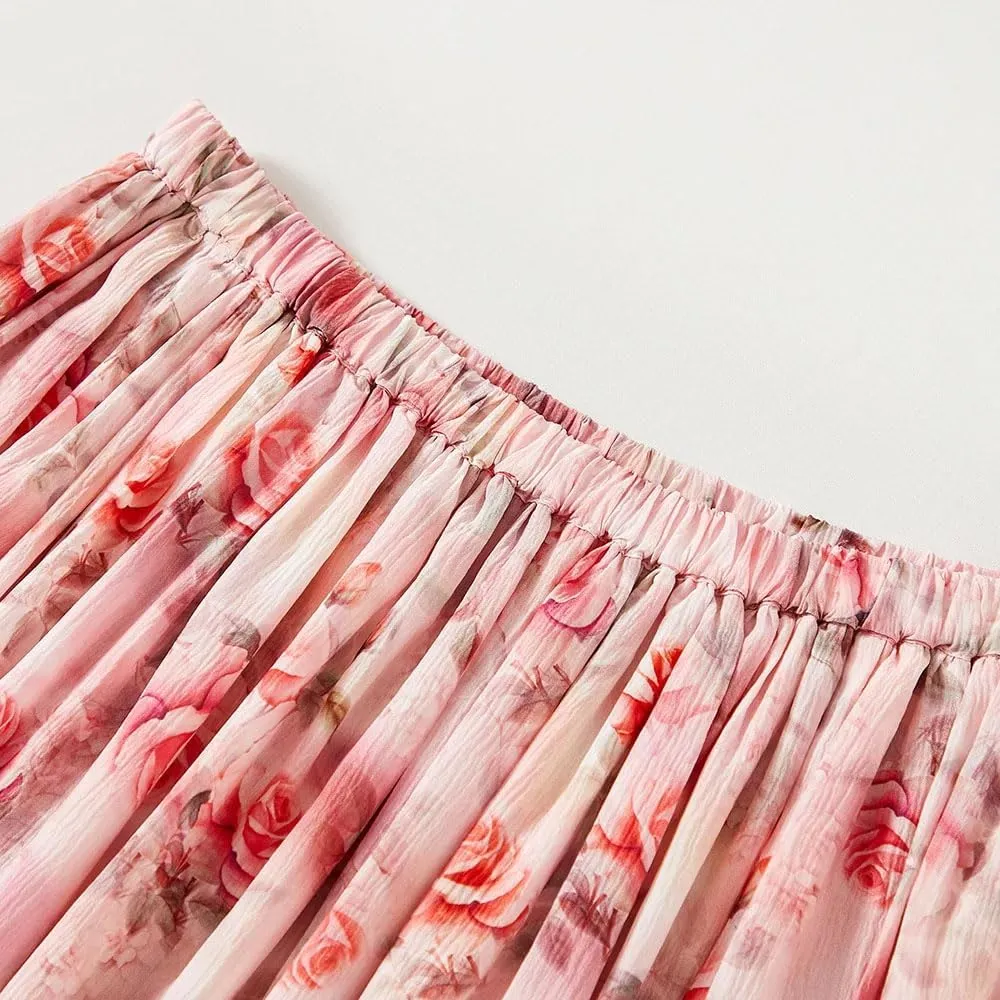 Women Mulberry Silk Lightweight Skirts High Waist Breathable Long Skirts Floral Vacation Skirts