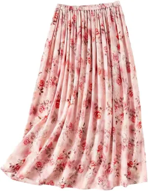 Women Mulberry Silk Lightweight Skirts High Waist Breathable Long Skirts Floral Vacation Skirts