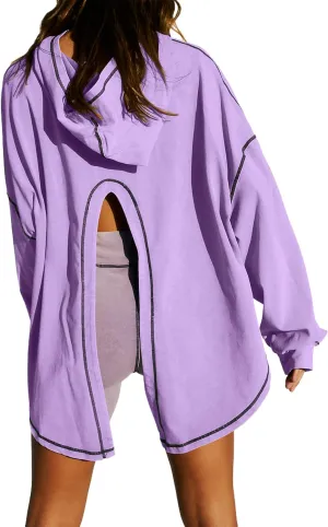 Women Open Back Workout Hooded Sweatshirt Oversized Long Sleeve Side Slit Athletic Shirt Flowy Hoodie Top Activewear