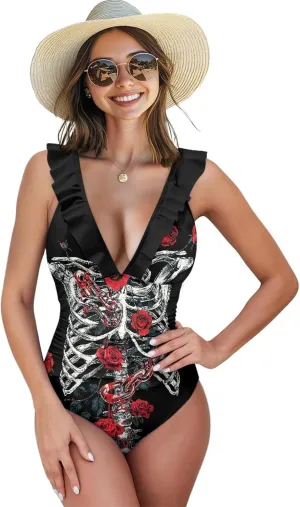 Women Ruffle V Neck One Piece Swimsuits Sexy Cute Slimming Bathing Suit Full Coverage Swimwear
