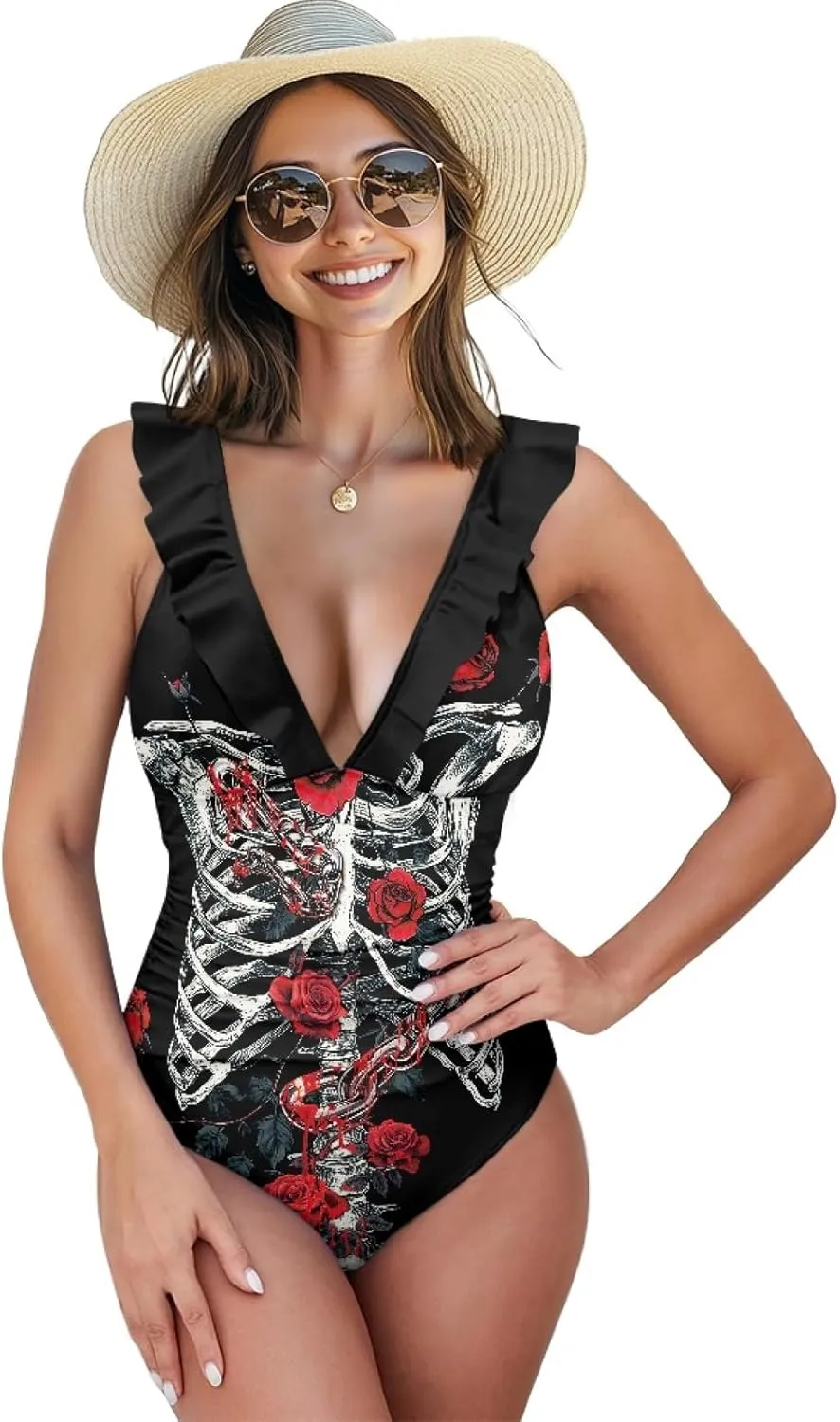 Women Ruffle V Neck One Piece Swimsuits Sexy Cute Slimming Bathing Suit Full Coverage Swimwear