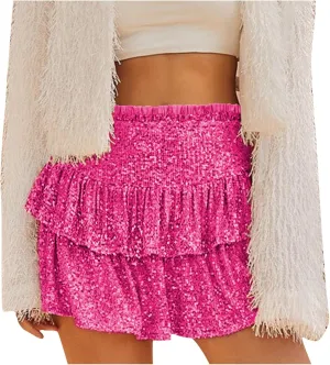 Women Sequin Skirt Sparkly Cute High Waist Ruffle Flowy Shiny Glitter Y2K Mini Short Skirts Night Out Club Party