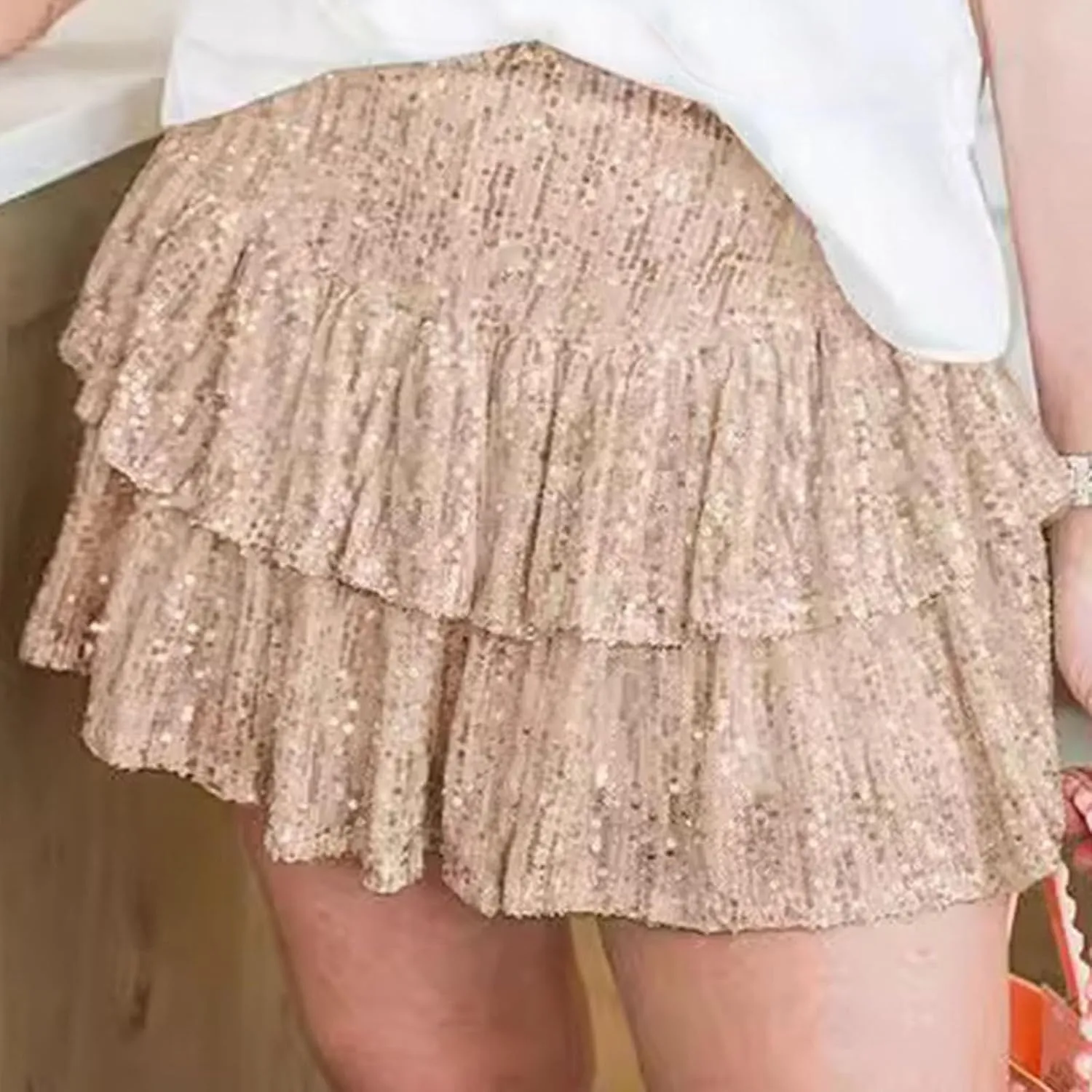Women Sequin Skirt Sparkly Cute High Waist Ruffle Flowy Shiny Glitter Y2K Mini Short Skirts Night Out Club Party