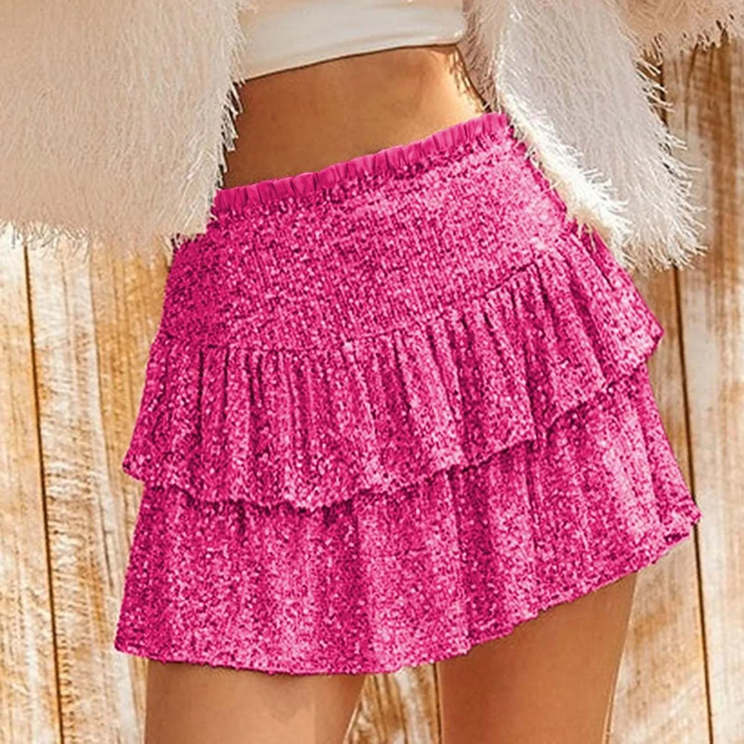 Women Sequin Skirt Sparkly Cute High Waist Ruffle Flowy Shiny Glitter Y2K Mini Short Skirts Night Out Club Party