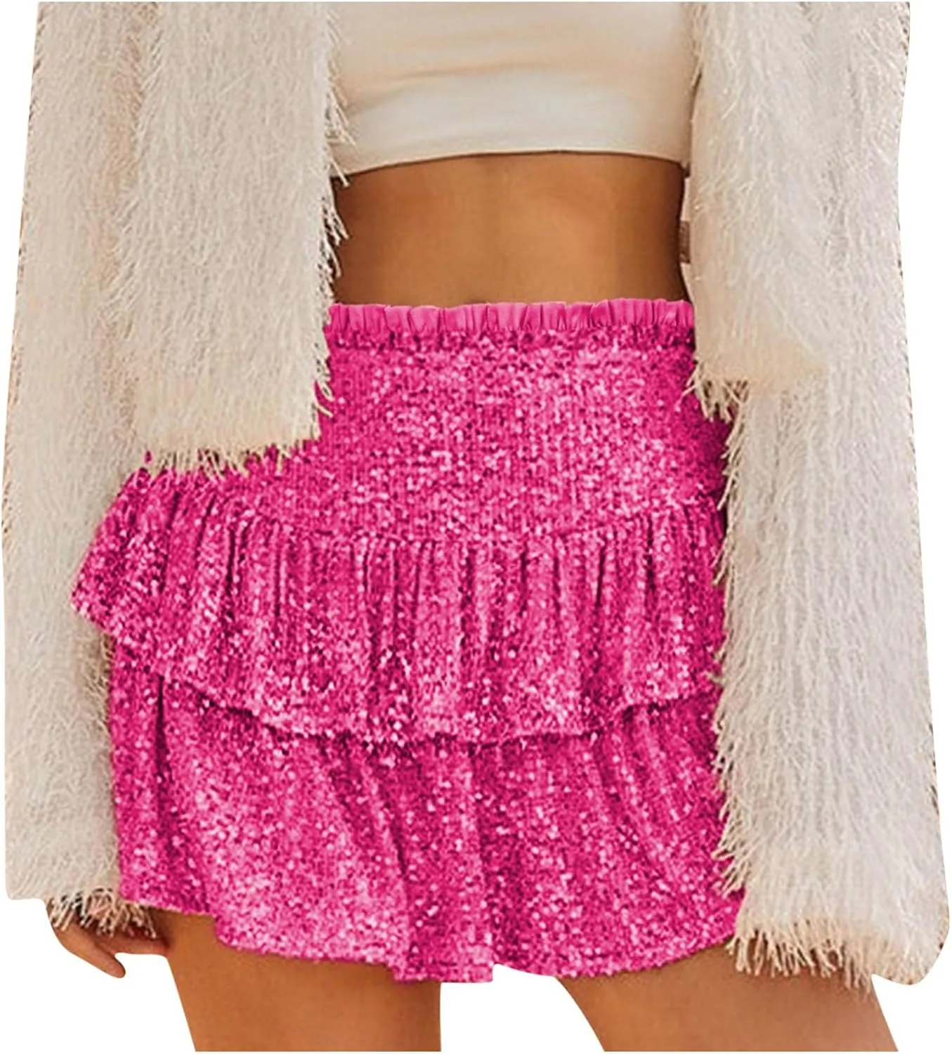 Women Sequin Skirt Sparkly Cute High Waist Ruffle Flowy Shiny Glitter Y2K Mini Short Skirts Night Out Club Party