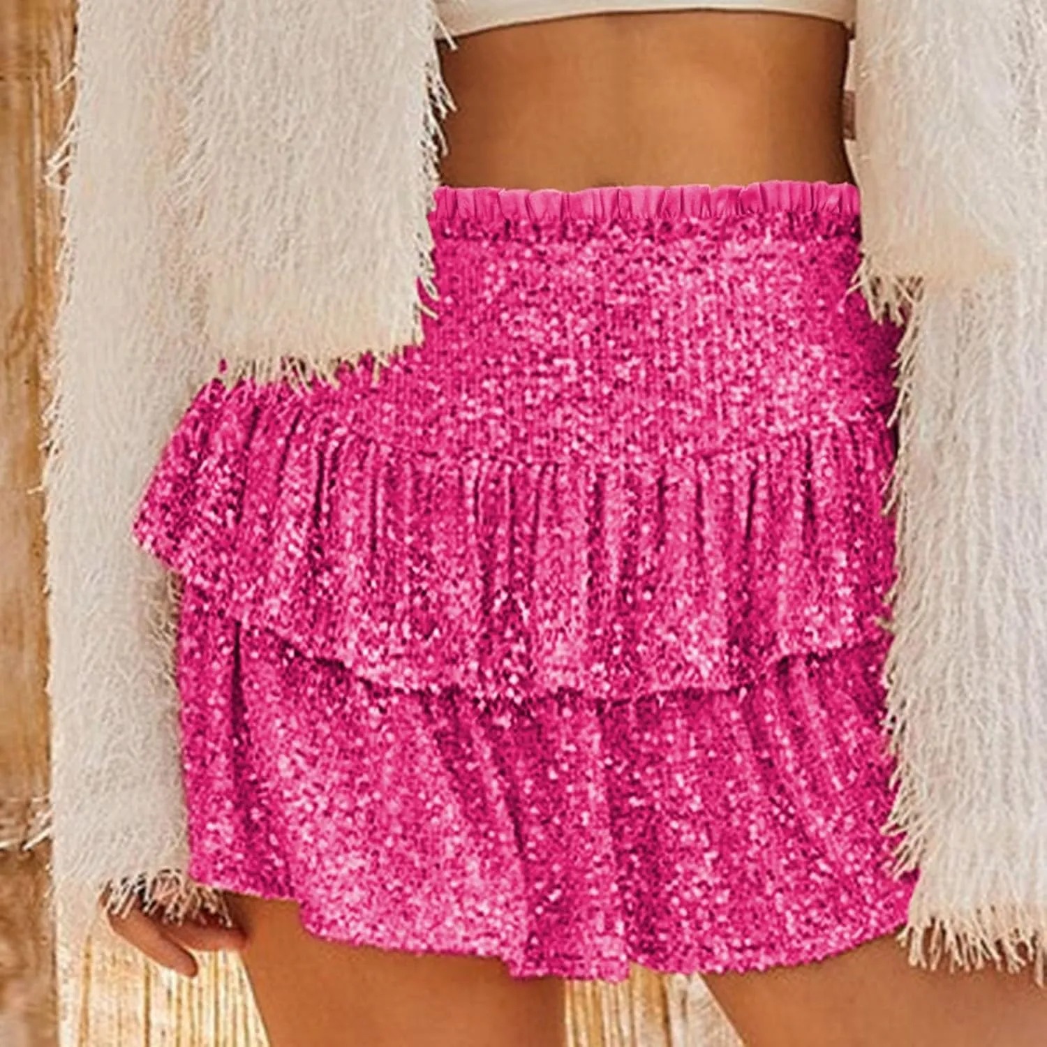 Women Sequin Skirt Sparkly Cute High Waist Ruffle Flowy Shiny Glitter Y2K Mini Short Skirts Night Out Club Party