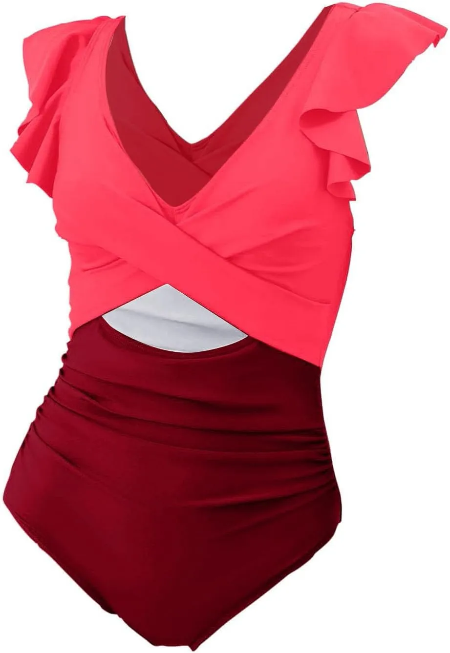 Women Sexy Mesh Tummy Control Swimsuit Knit Square Neck Tied Strappy Swimsuit with Swimsuit Halter Retro Bathing