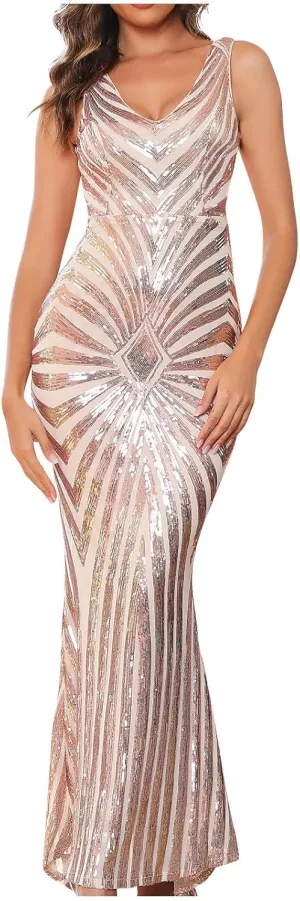 Women Sleeveless V Neck Wrap Evening Cocktail Long Dress Sequins Fashion Mermaid Dress Bodycon Dress Party Dress