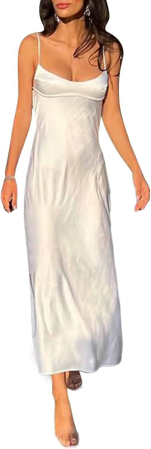Women Slip Satin Maxi Dress Sleeveless Bodycon Long Dresses Backless Party Cocktail Dresses Summer 2023