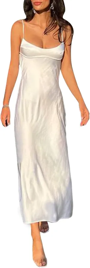 Women Slip Satin Maxi Dress Sleeveless Bodycon Long Dresses Backless Party Cocktail Dresses Summer 2023