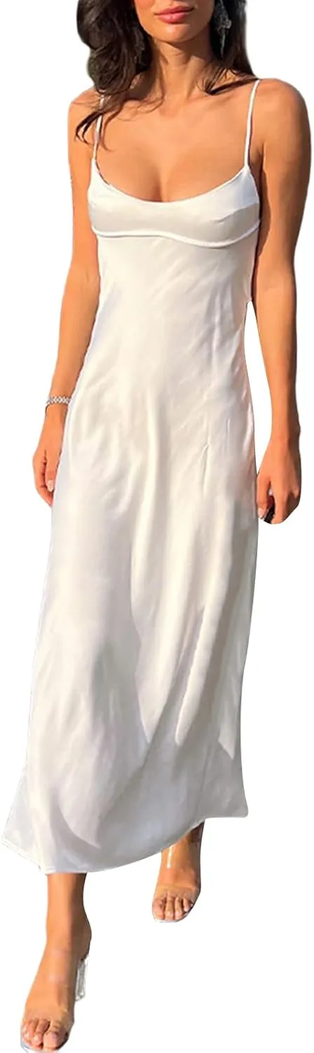 Women Slip Satin Maxi Dress Sleeveless Bodycon Long Dresses Backless Party Cocktail Dresses Summer 2023