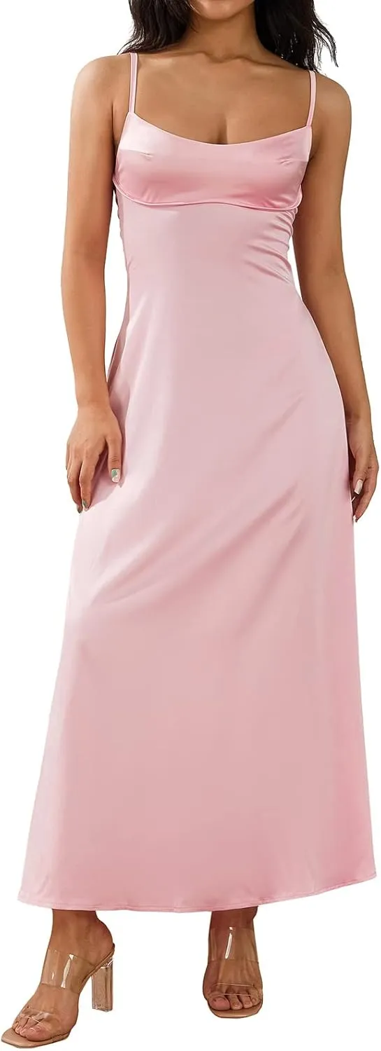 Women Slip Satin Maxi Dress Sleeveless Bodycon Long Dresses Backless Party Cocktail Dresses Summer 2023