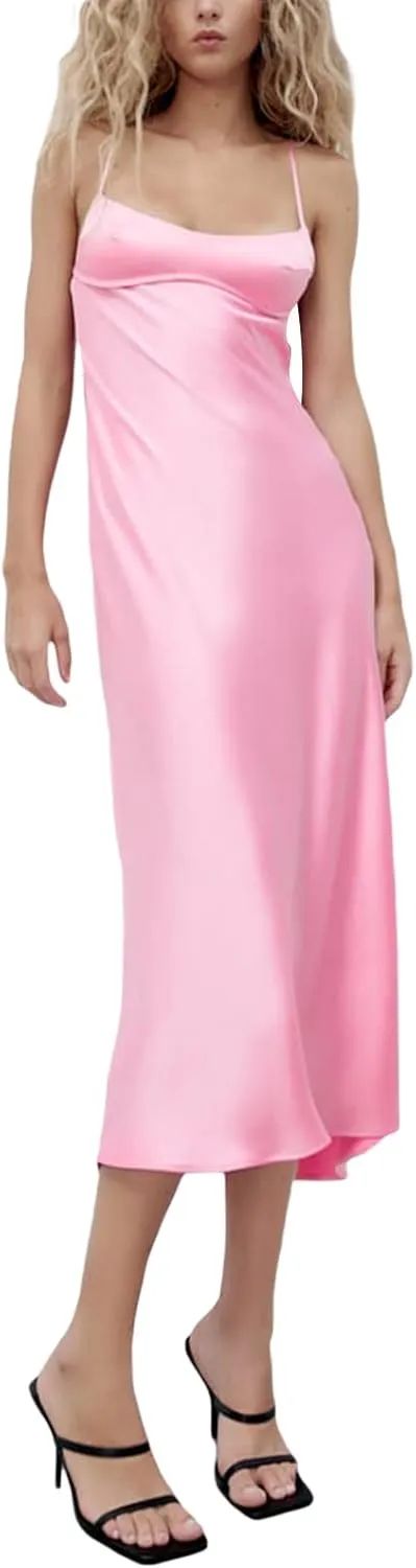 Women Slip Satin Maxi Dress Sleeveless Bodycon Long Dresses Backless Party Cocktail Dresses Summer 2023