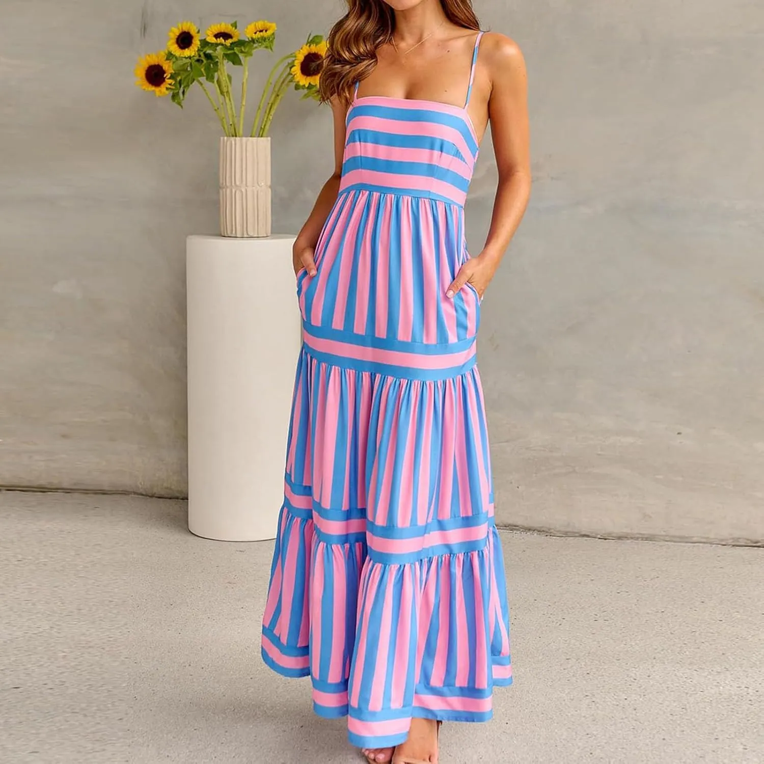 Women Spaghetti Strap Flowy Maxi Dress Sleeveless Striped Aline Midi Backless Boho Dresses Long Vacation Sundress