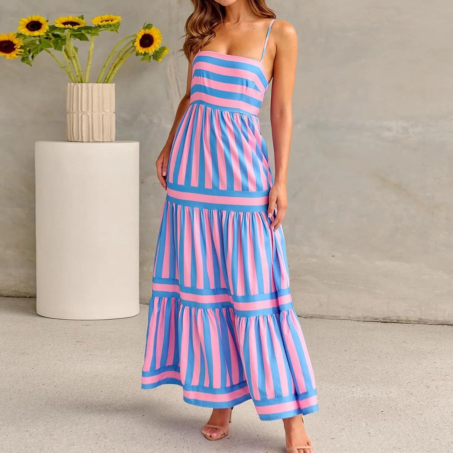 Women Spaghetti Strap Flowy Maxi Dress Sleeveless Striped Aline Midi Backless Boho Dresses Long Vacation Sundress