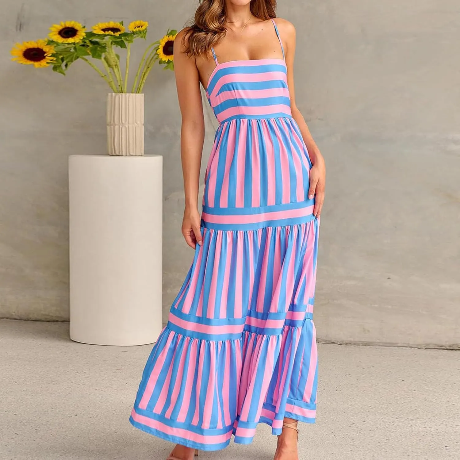 Women Spaghetti Strap Flowy Maxi Dress Sleeveless Striped Aline Midi Backless Boho Dresses Long Vacation Sundress