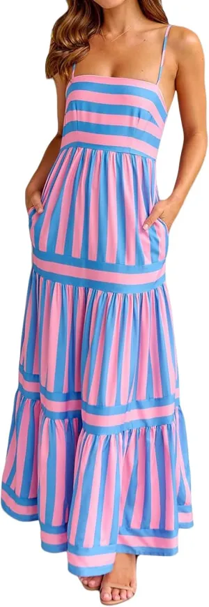 Women Spaghetti Strap Flowy Maxi Dress Sleeveless Striped Aline Midi Backless Boho Dresses Long Vacation Sundress