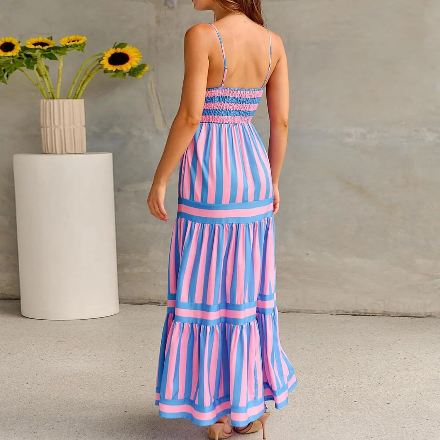 Women Spaghetti Strap Flowy Maxi Dress Sleeveless Striped Aline Midi Backless Boho Dresses Long Vacation Sundress