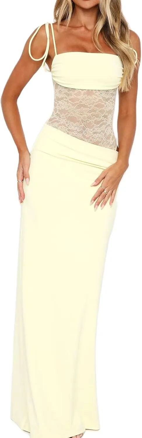 Women Spaghetti Strap Slip Maxi Dress Tie Shoulder Lace Bustier Bodycon Dress Side Cutout Beach Party Long Dress