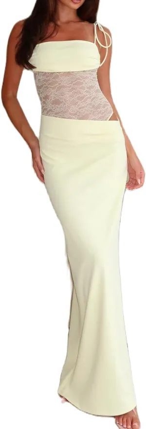 Women Spaghetti Strap Slip Maxi Dress Tie Shoulder Lace Bustier Bodycon Dress Side Cutout Beach Party Long Dress