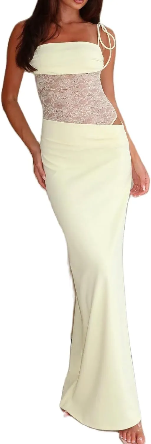Women Spaghetti Strap Slip Maxi Dress Tie Shoulder Lace Bustier Bodycon Dress Side Cutout Beach Party Long Dress