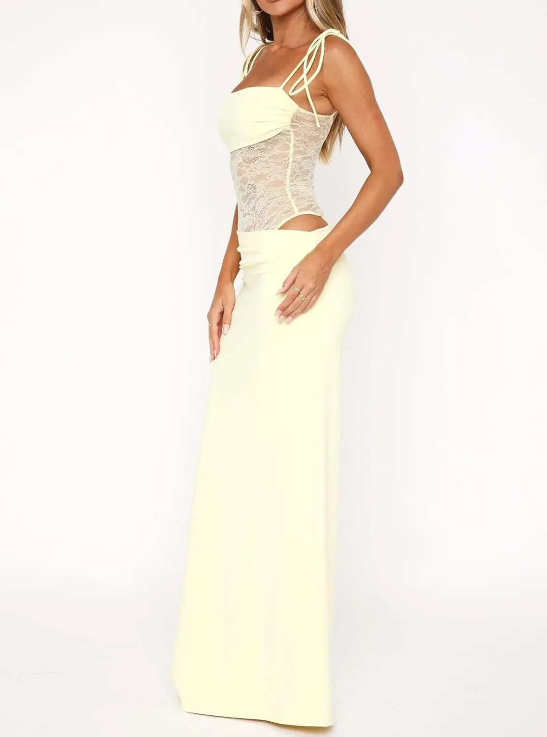 Women Spaghetti Strap Slip Maxi Dress Tie Shoulder Lace Bustier Bodycon Dress Side Cutout Beach Party Long Dress
