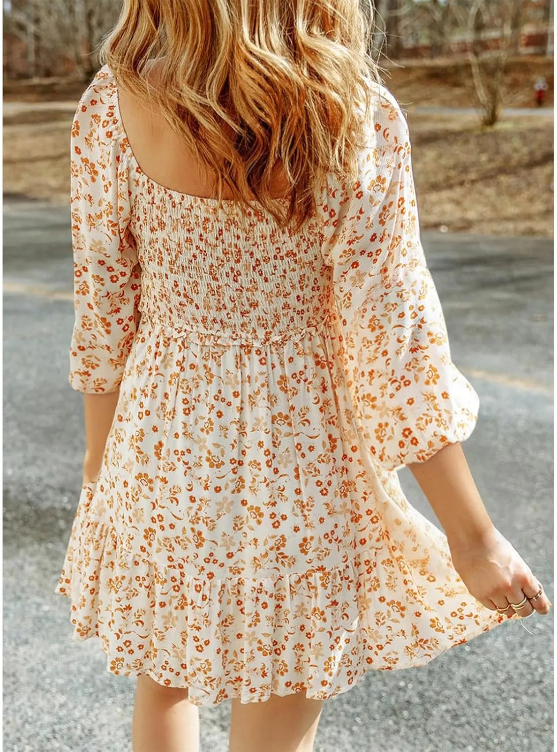 Women Square Neck Smocked Dresses Floral Printed Ruffled Lantern Sleeves A Line Long Dress Swing Mini Dress Sundress