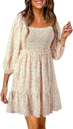 Women Square Neck Smocked Dresses Floral Printed Ruffled Lantern Sleeves A Line Long Dress Swing Mini Dress Sundress