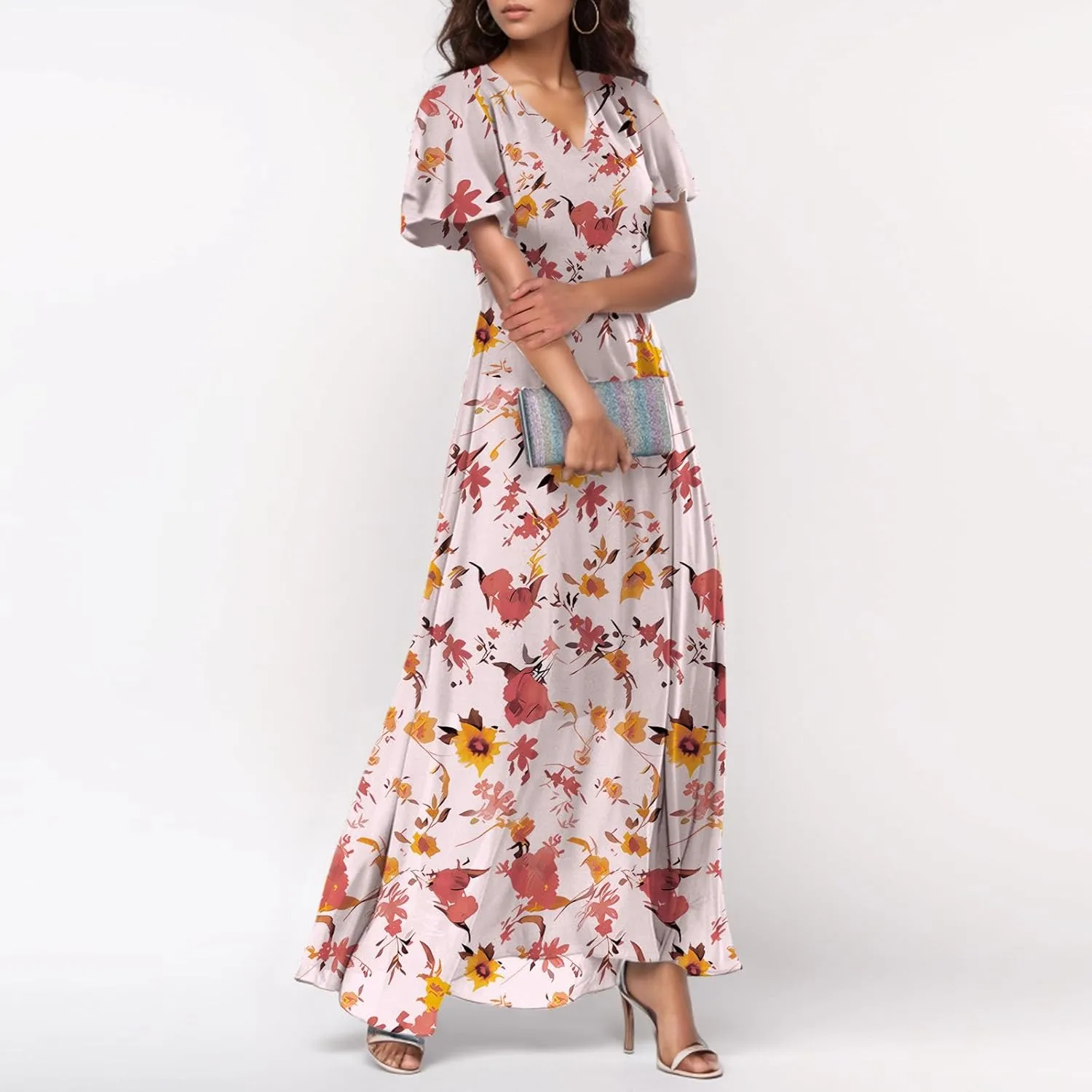 Women Summer Bohemian Floral Casual Wrap V Neck Ruffle Cap Sleeveless Belt A-Line Pleated Hem Long Sundress