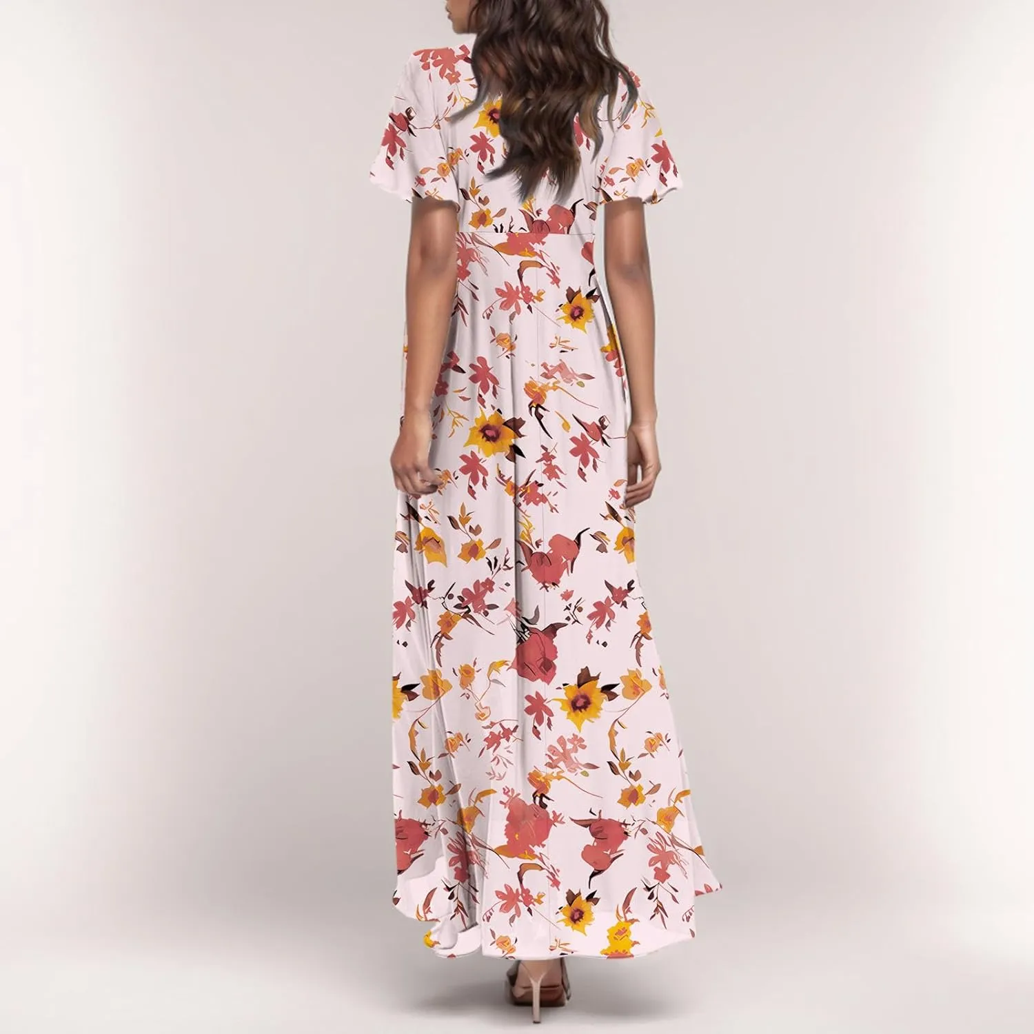 Women Summer Bohemian Floral Casual Wrap V Neck Ruffle Cap Sleeveless Belt A-Line Pleated Hem Long Sundress