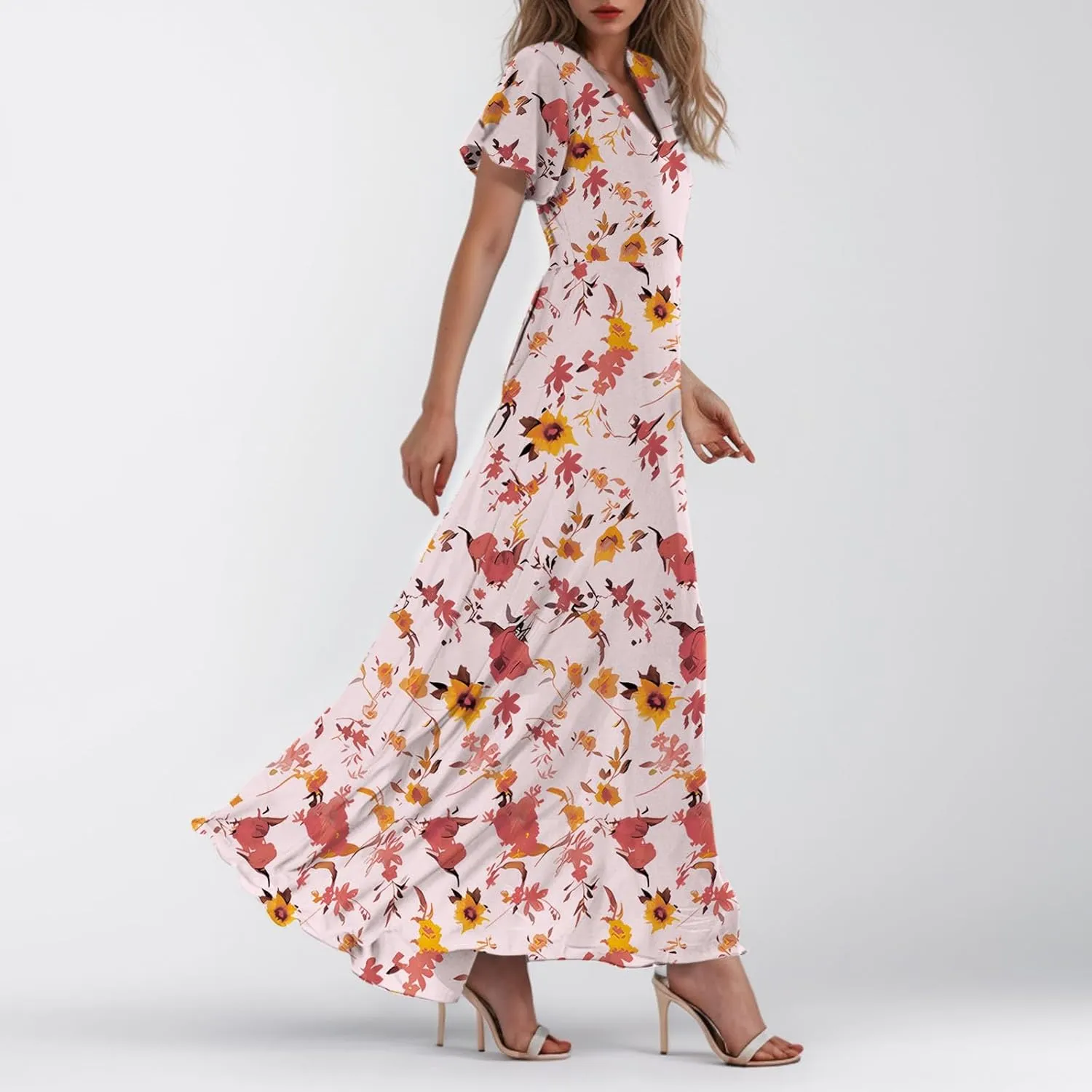 Women Summer Bohemian Floral Casual Wrap V Neck Ruffle Cap Sleeveless Belt A-Line Pleated Hem Long Sundress