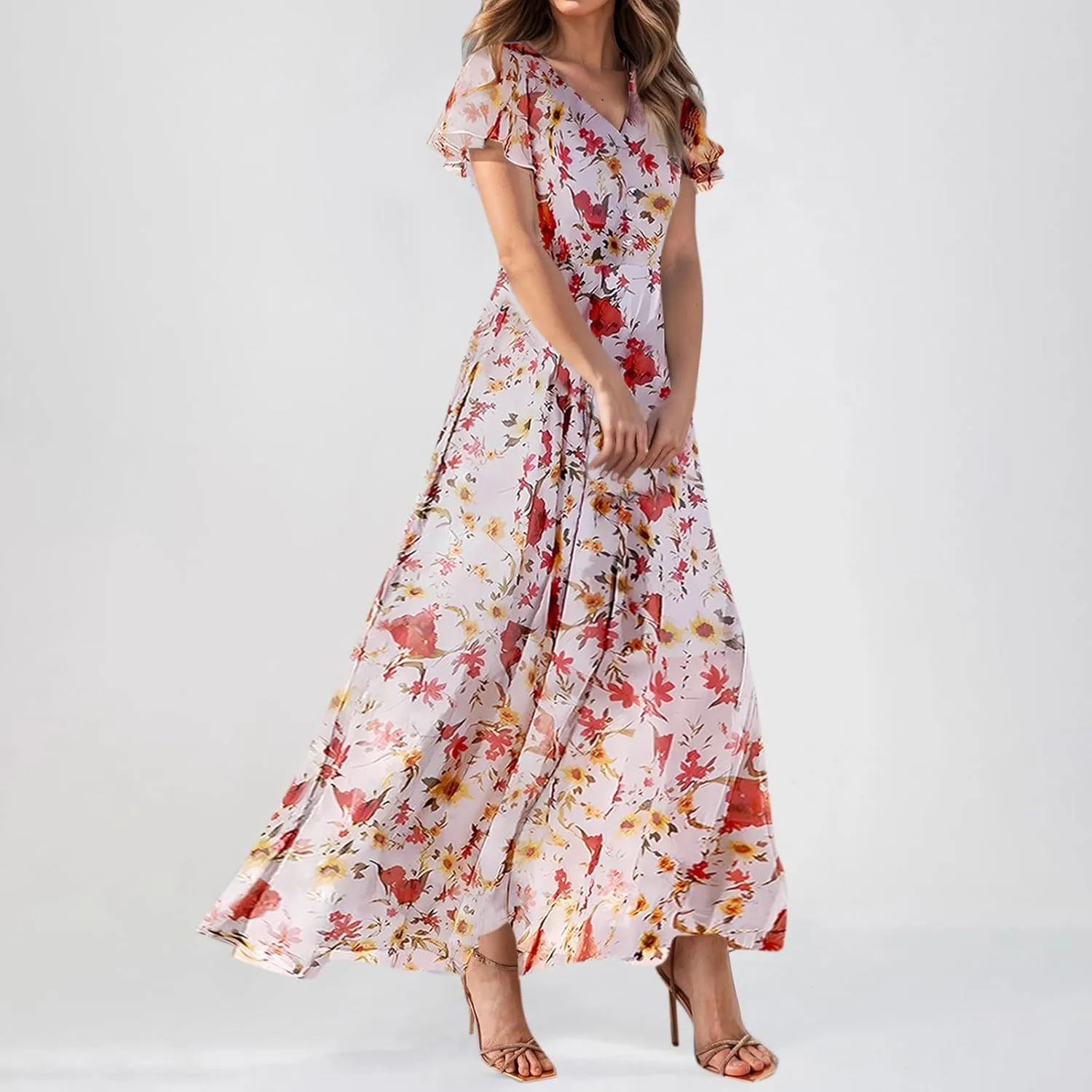 Women Summer Bohemian Floral Casual Wrap V Neck Ruffle Cap Sleeveless Belt A-Line Pleated Hem Long Sundress
