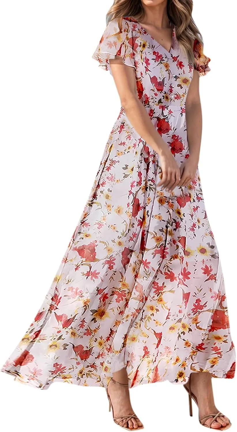 Women Summer Bohemian Floral Casual Wrap V Neck Ruffle Cap Sleeveless Belt A-Line Pleated Hem Long Sundress